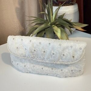 Vintage White Floral Lace Rhinestone Clutch Bridal Wedding Bag with Mirror